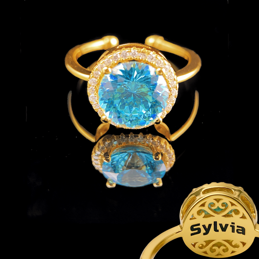 Personalized Dazzling Gold Ring with Love100 Light Blue Zircon - Adjustable