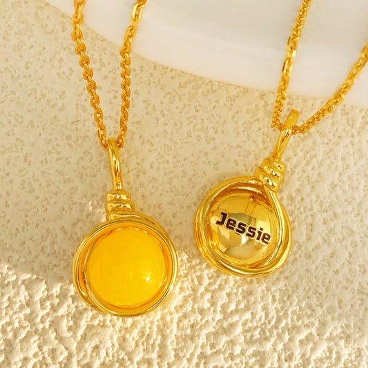 Personalized Lithe Wire Gold Necklace with Natural Yellow Amber